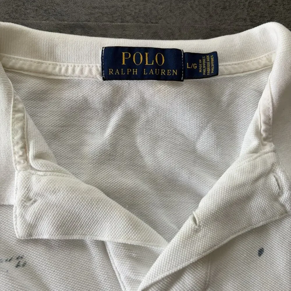 Polo Ralph Lauren Graphic Polo Shirt PRL Nautical Print White Vintage Size L